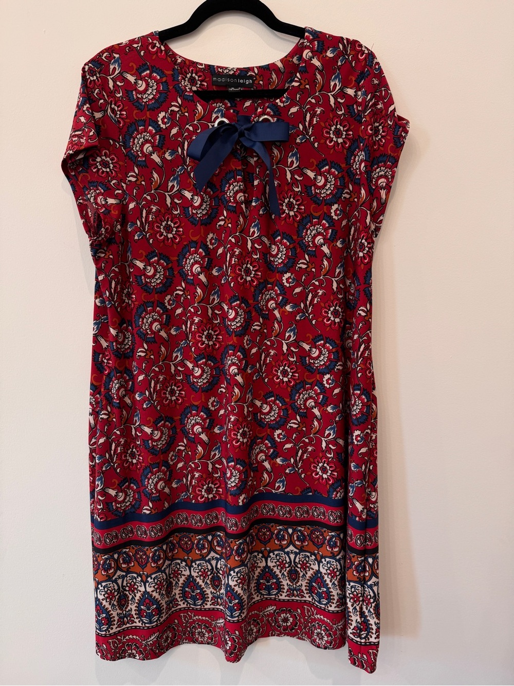 madison leigh Red Floral Border-Print Mini Dress with Navy Bow